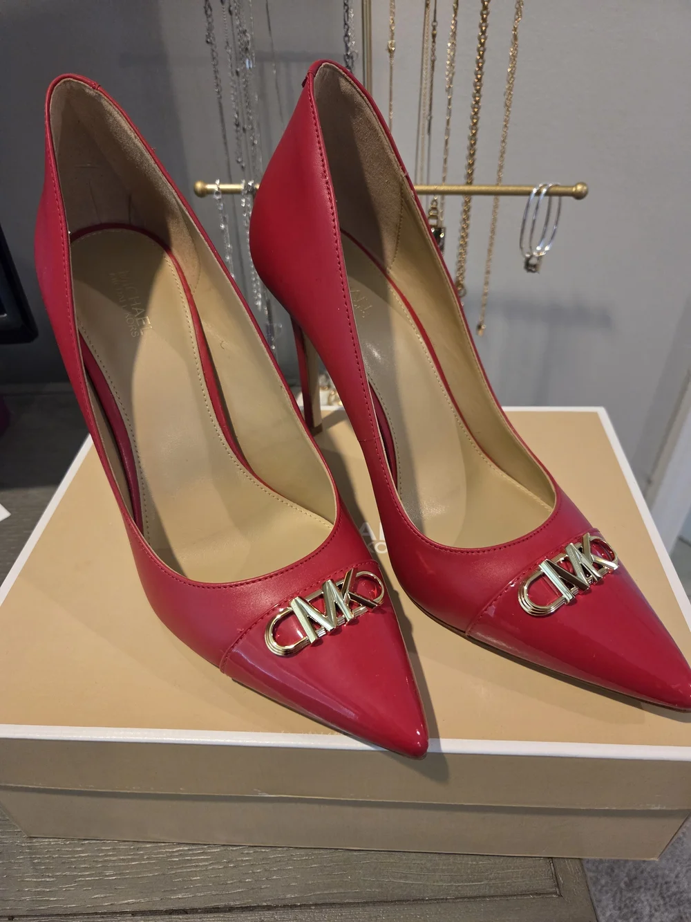 Michael Kors Red Leather w/ Patent Leather Pointed-Toe Pumps with Gold MK Emblem